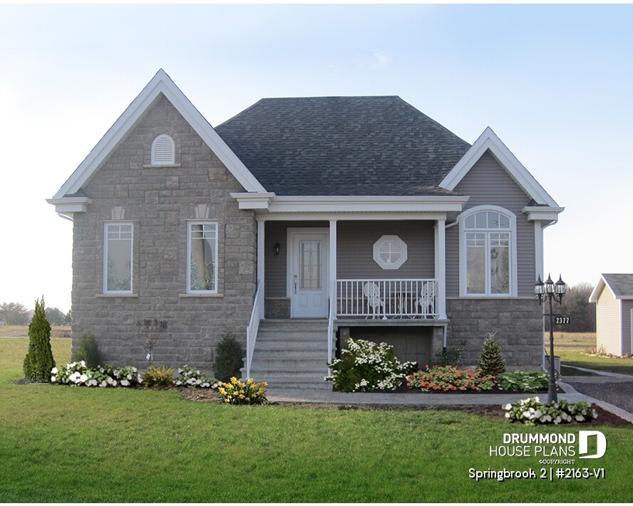 Springbrook 2 (#2163-V1) country house plan with 2 bedrooms, European-inspired exterior, bright open-concept layout, and warm timeless charm.