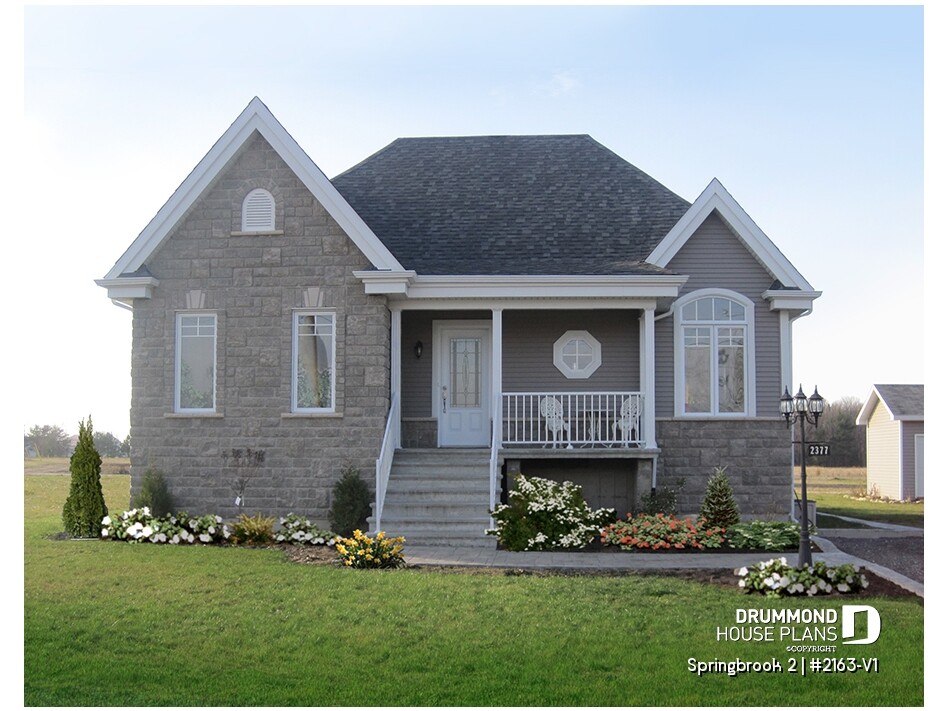 Springbrook 2 (#2163-V1) country house plan with 2 bedrooms, European-inspired exterior, bright open-concept layout, and warm timeless charm.