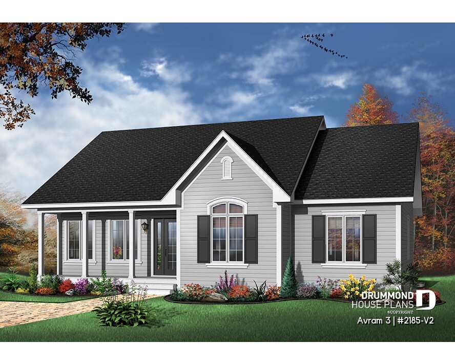Avram 3 (#2185-V2) affordable one-story ranch house plan with 3 bedrooms, bright open layout, and charming country-inspired exterior.