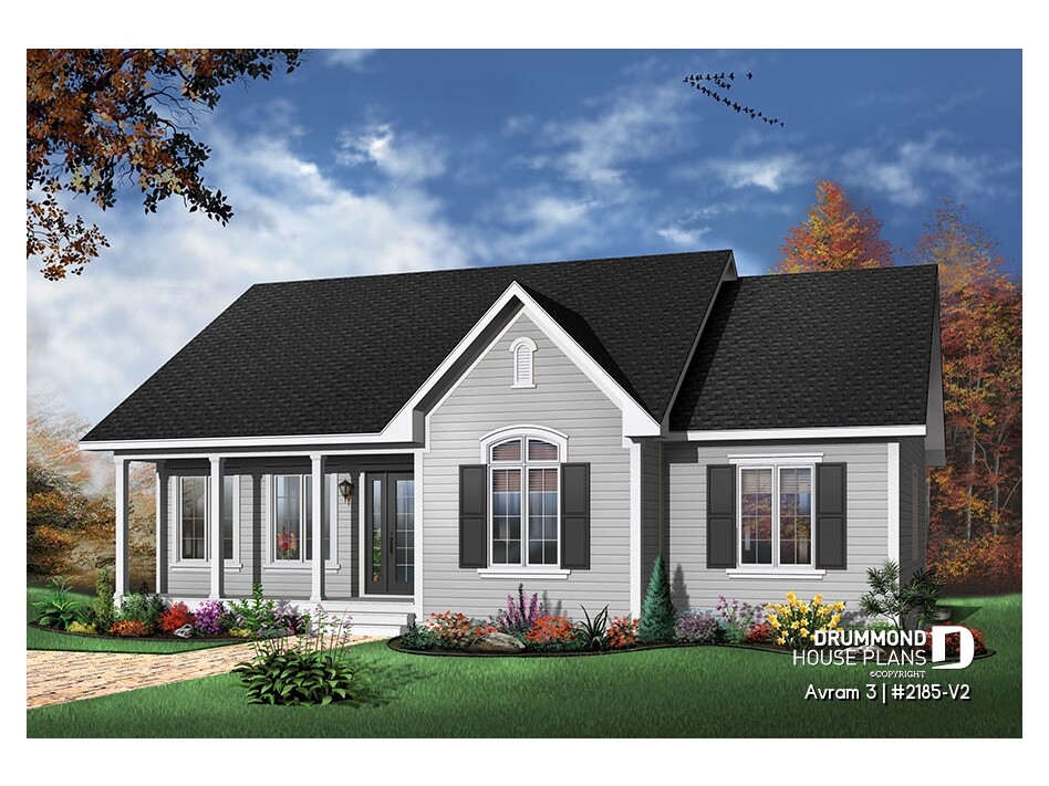 Avram 3 (#2185-V2) affordable one-story ranch house plan with 3 bedrooms, bright open layout, and charming country-inspired exterior.