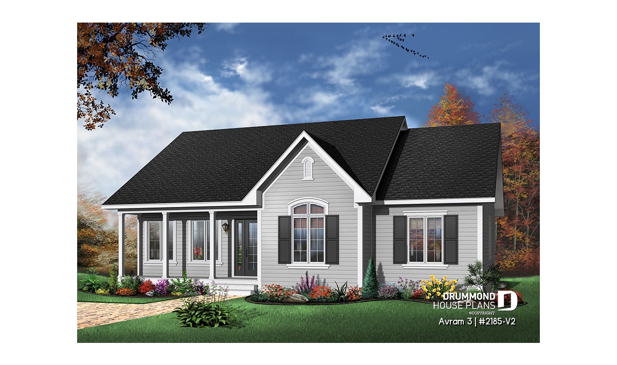 Avram 3 (#2185-V2) affordable one-story ranch house plan with 3 bedrooms, bright open layout, and charming country-inspired exterior.
