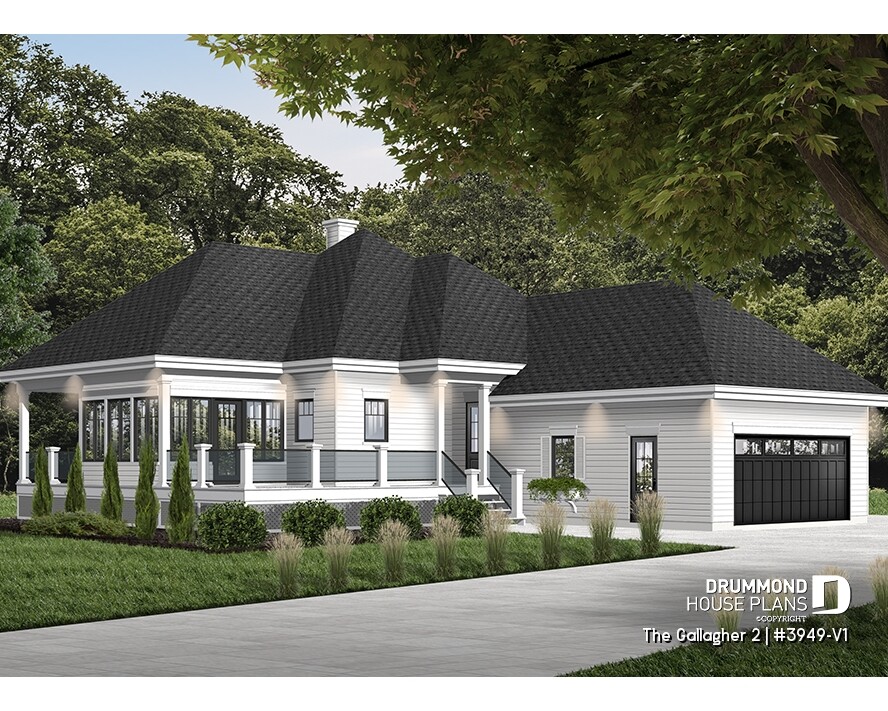 The Gallagher 2 (#3949-V1) one-story house plan with double garage, sunroom, covered terrace, and elegant country-inspired exterior.