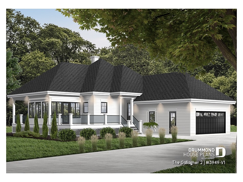 The Gallagher 2 (#3949-V1) one-story house plan with double garage, sunroom, covered terrace, and elegant country-inspired exterior.