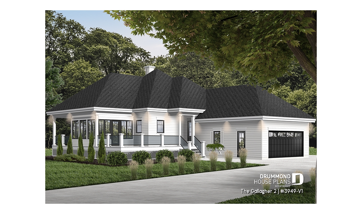 The Gallagher 2 (#3949-V1) one-story house plan with double garage, sunroom, covered terrace, and elegant country-inspired exterior.