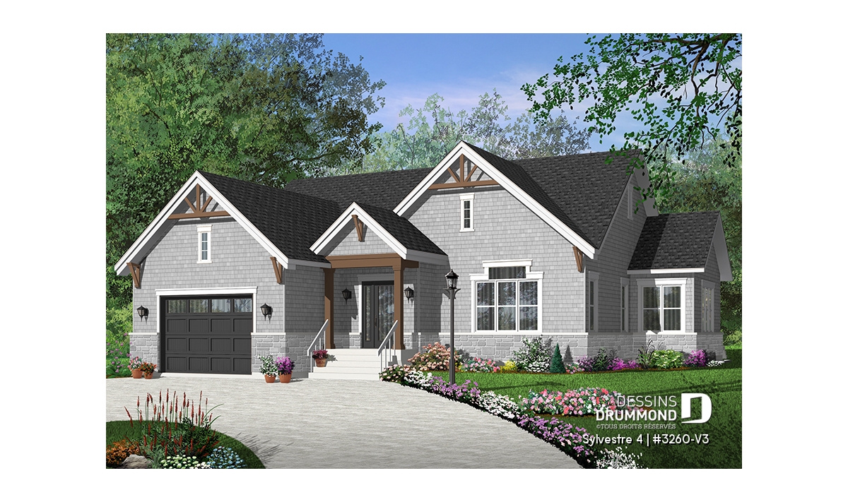 Sylvestre 4 (#3260-V3) plan de maison plain-pied style champêtre avec 3 chambres au rez-de-chaussée, garage double et façade chaleureuse.