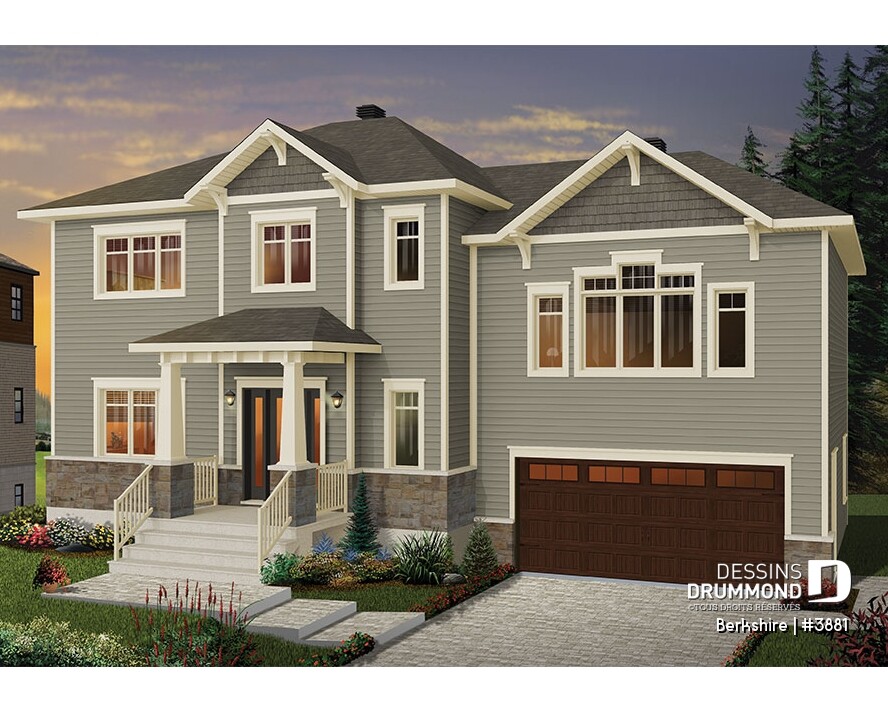 Berkshire (#3881) modern two-story house plan with double garage, covered front porch, and elegant transitional exterior design.