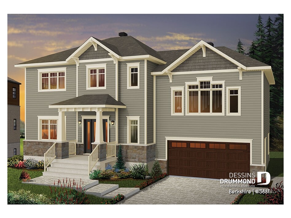 Berkshire (#3881) modern two-story house plan with double garage, covered front porch, and elegant transitional exterior design.