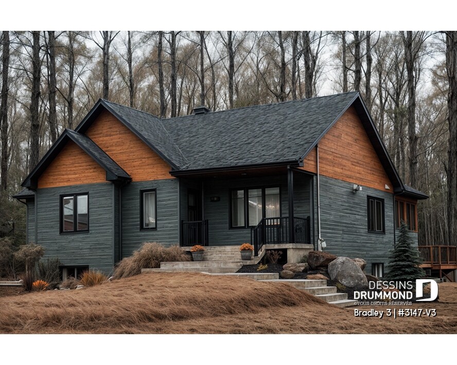 plan de plain-pied avec garage Bradley 3147-V3 3 chambres cuisine avec îlot aire ouverte