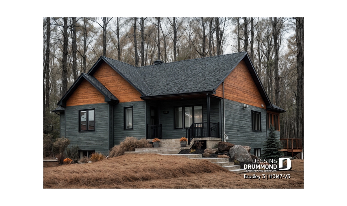 plan de plain-pied avec garage Bradley 3147-V3 3 chambres cuisine avec îlot aire ouverte