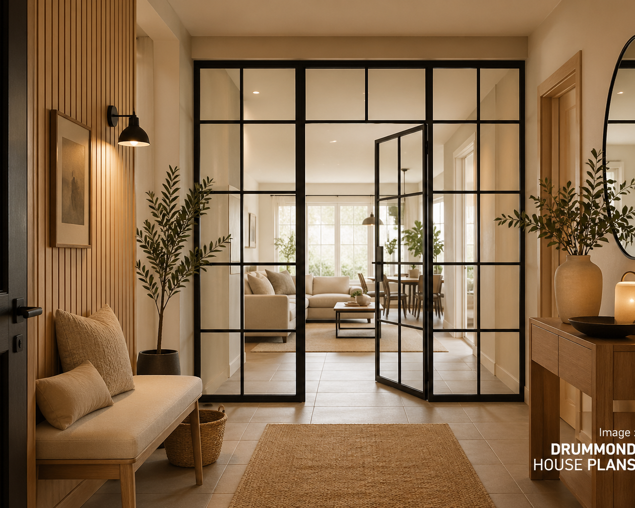 Modern glass partition wall separating living spaces while maximizing natural light in an open-concept home.