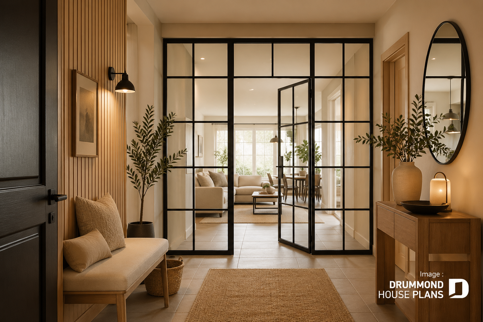 Modern glass partition wall separating living spaces while maximizing natural light in an open-concept home.