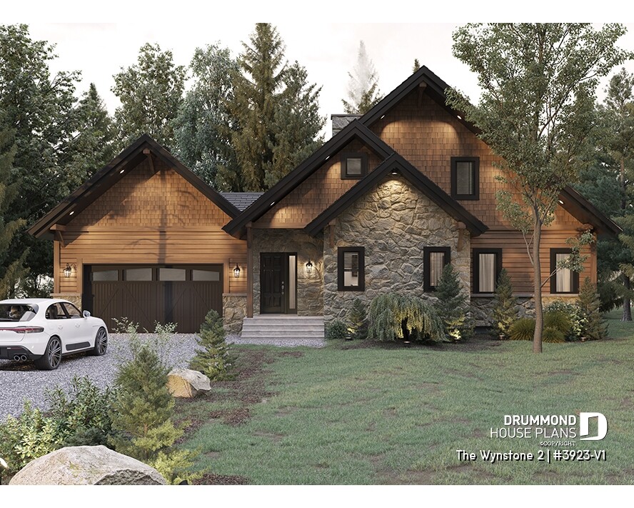 Rustic chalet house plan with stone exterior and double garage – The Wynstone 2