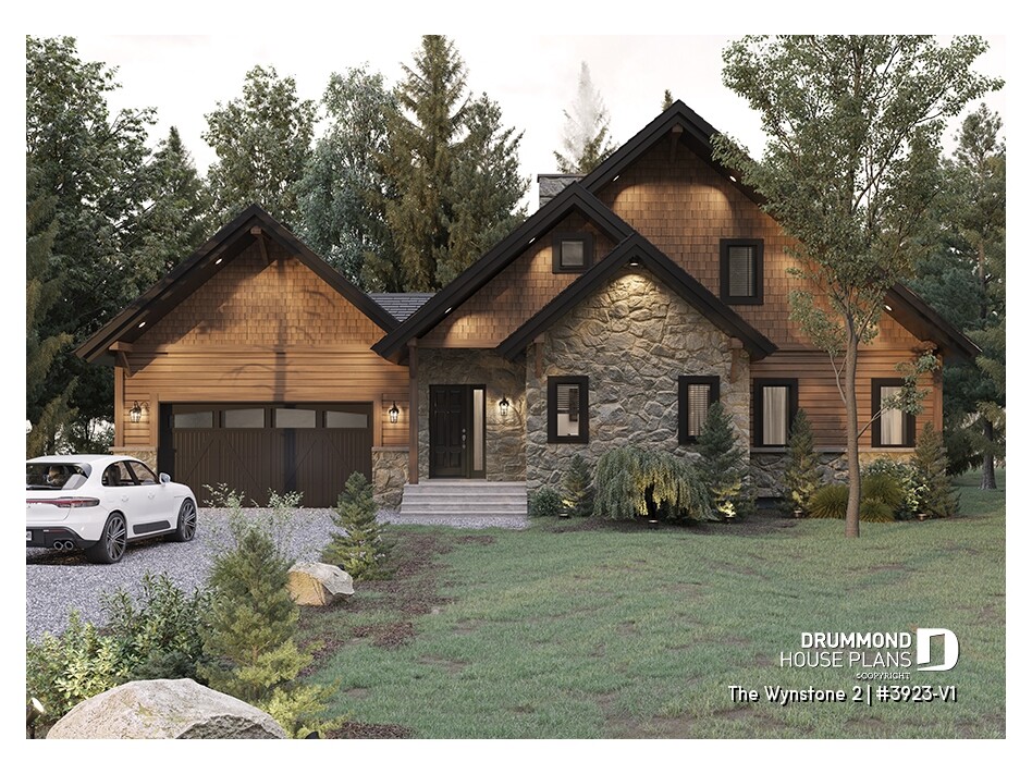 Rustic chalet house plan with stone exterior and double garage – The Wynstone 2