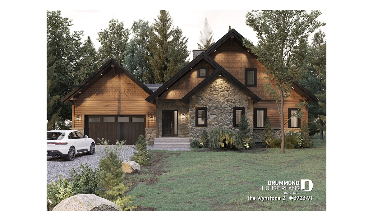 Rustic chalet house plan with stone exterior and double garage – The Wynstone 2