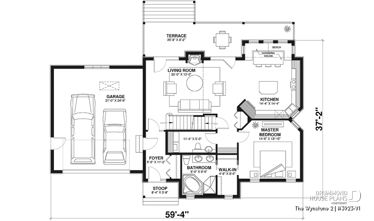Main floor plan of rustic chalet house plan with primary suite and double garage
