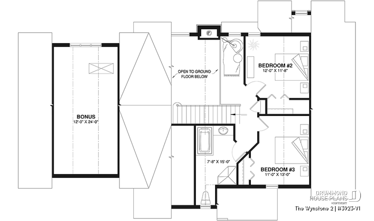Second floor plan of rustic chalet house plan with mezzanine, two bedrooms and bonus room