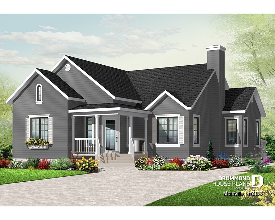 3 bedroom country bungalow house plan Mainville #3133 by Drummond House Plans