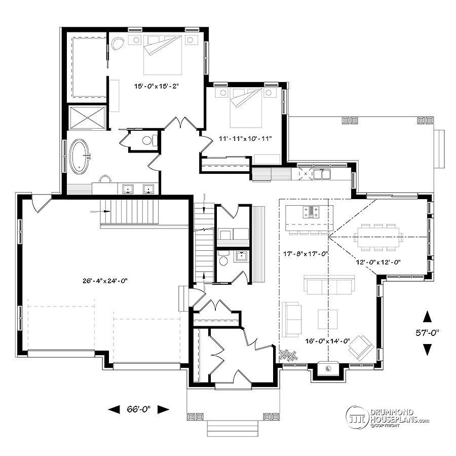 Main floor plan of Ranch house plan # 3285 by Drummond House Plans