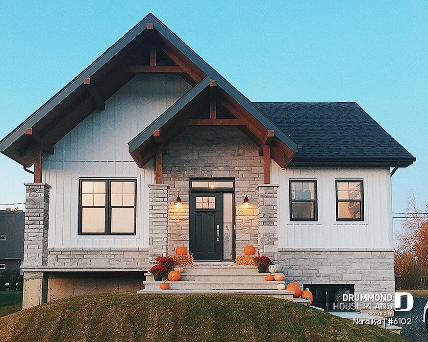 affordable farmhouse house plan Nordika 6102 front exterior with warm and inviting design