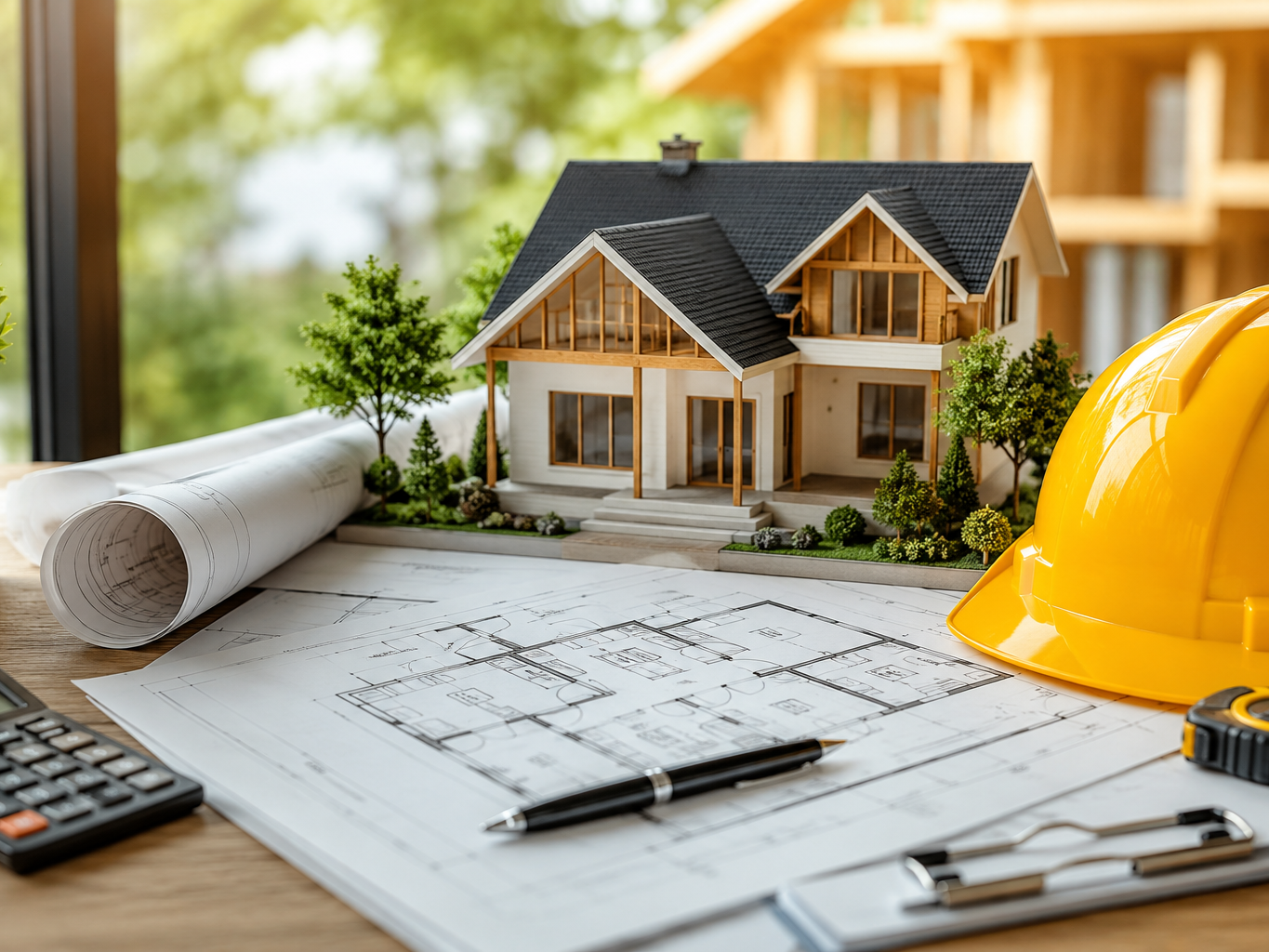 Plans de maison, casque de chantier et maquette représentant les étapes pour choisir un bon entrepreneur avant de construire ou rénover une maison.