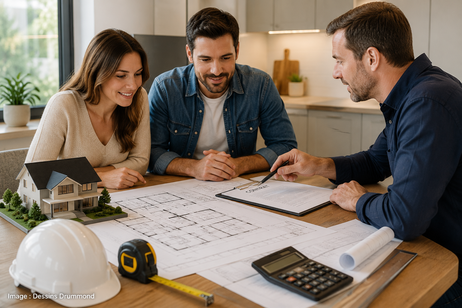 Couple rencontrant un entrepreneur autour de plans de maison afin de comparer une soumission et préparer un projet de construction ou de rénovation.