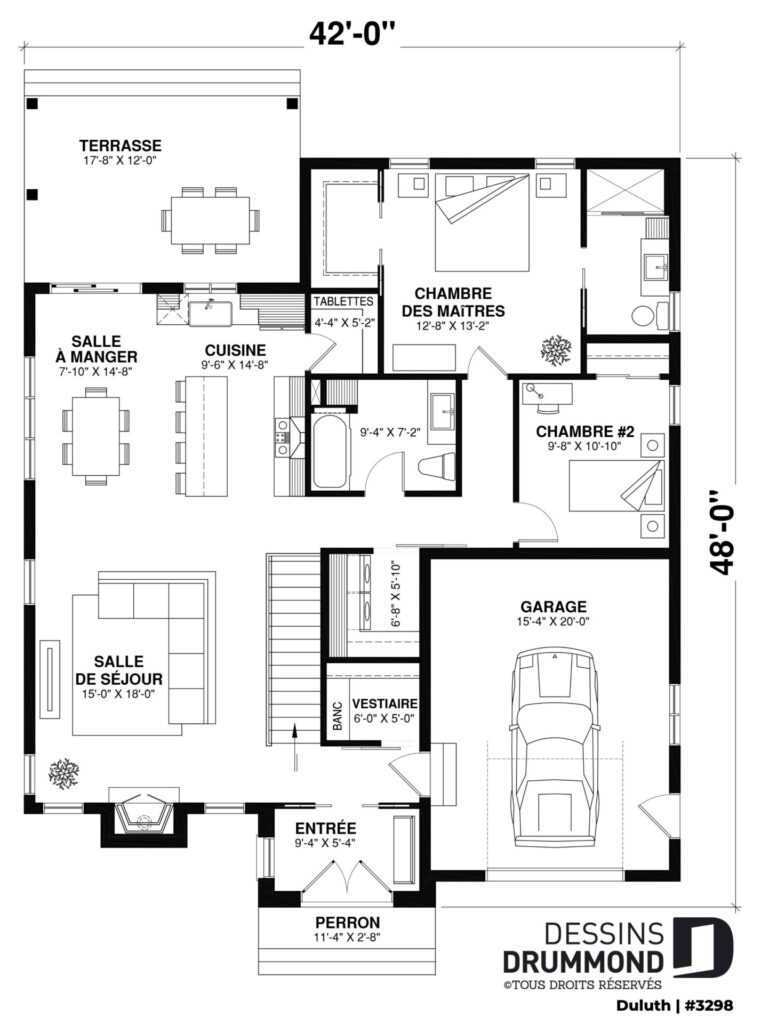 Plan de maison vue du plancher d'une maison de style moderne Craftsman avec garage simple et aire de vie ouverte près de la chambre des maîtres.