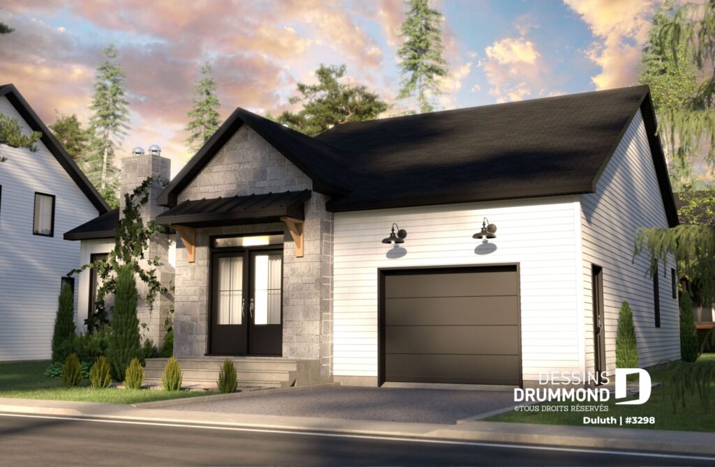 Vue sur le garage simple d'une maison moderne de style Craftsman avec du revêtement intemporel.