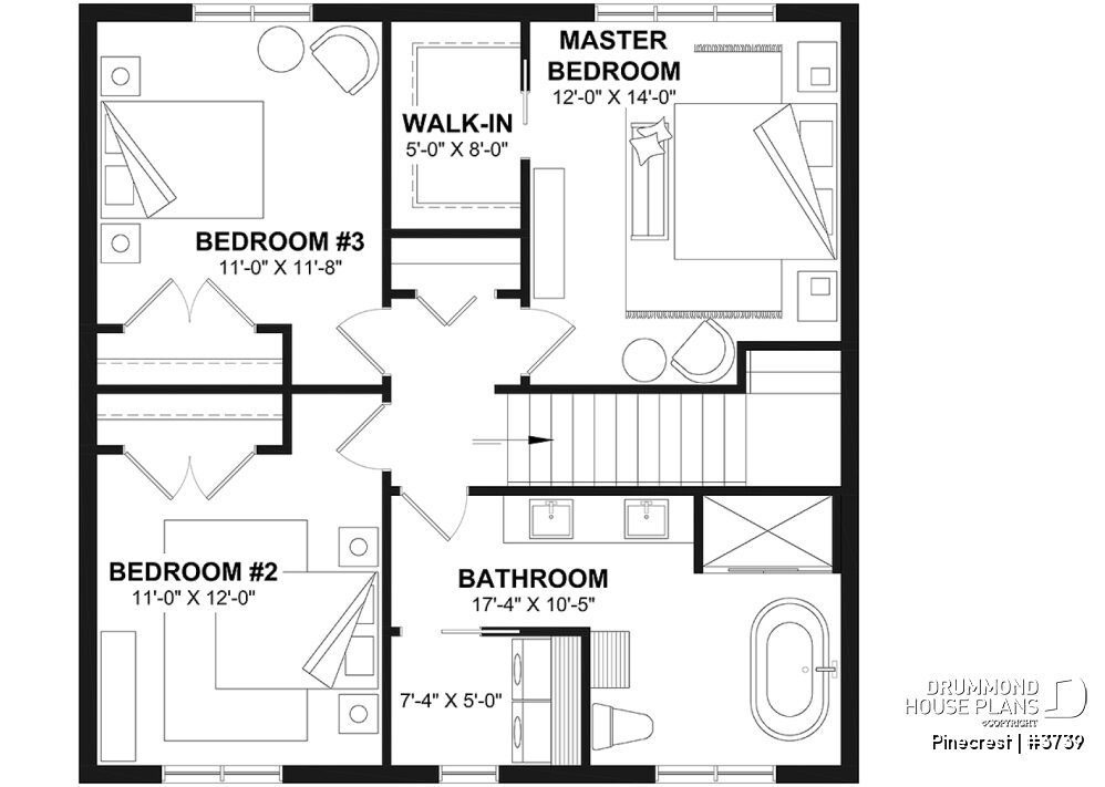 Second floor plan of the Pinecrest #3739 with 3 bedrooms, walk-in closet and full bathroom