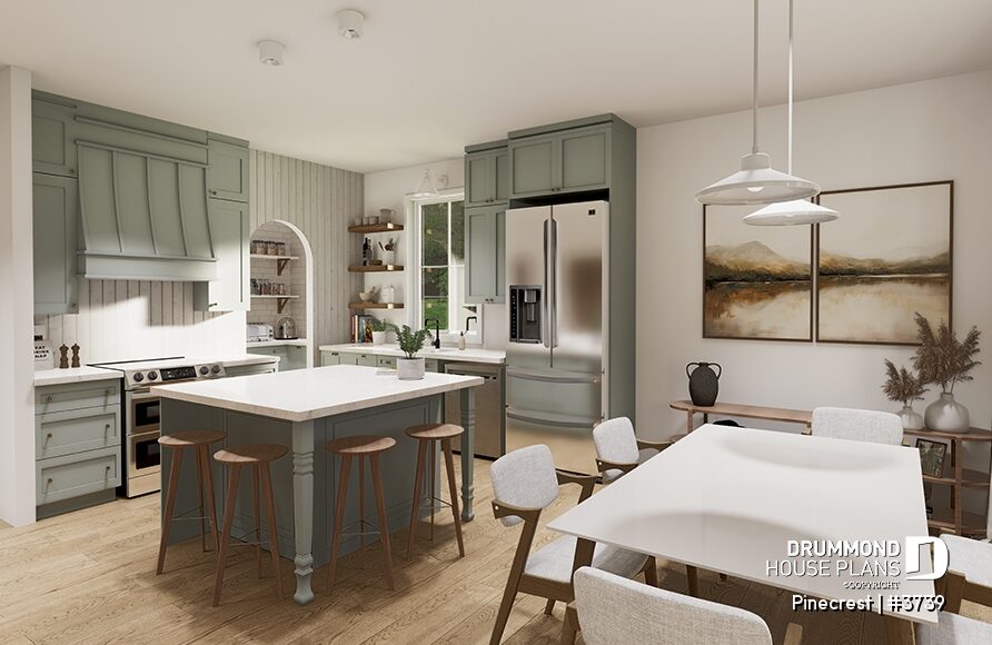 Kitchen with large island and open dining area in the Pinecrest #3739 2-story house plan