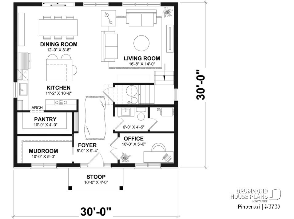 Main floor plan of the Pinecrest #3739 2-story house with office, pantry, mudroom and open living area
