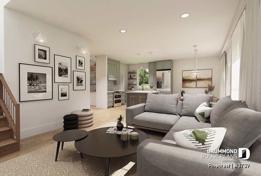 Open-concept living room and kitchen in the Pinecrest #3739 2-story house plan