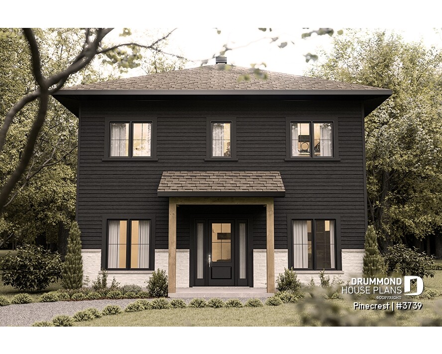 Pinecrest #3739 economical contemporary 2-story house plan with dark exterior and hip roof