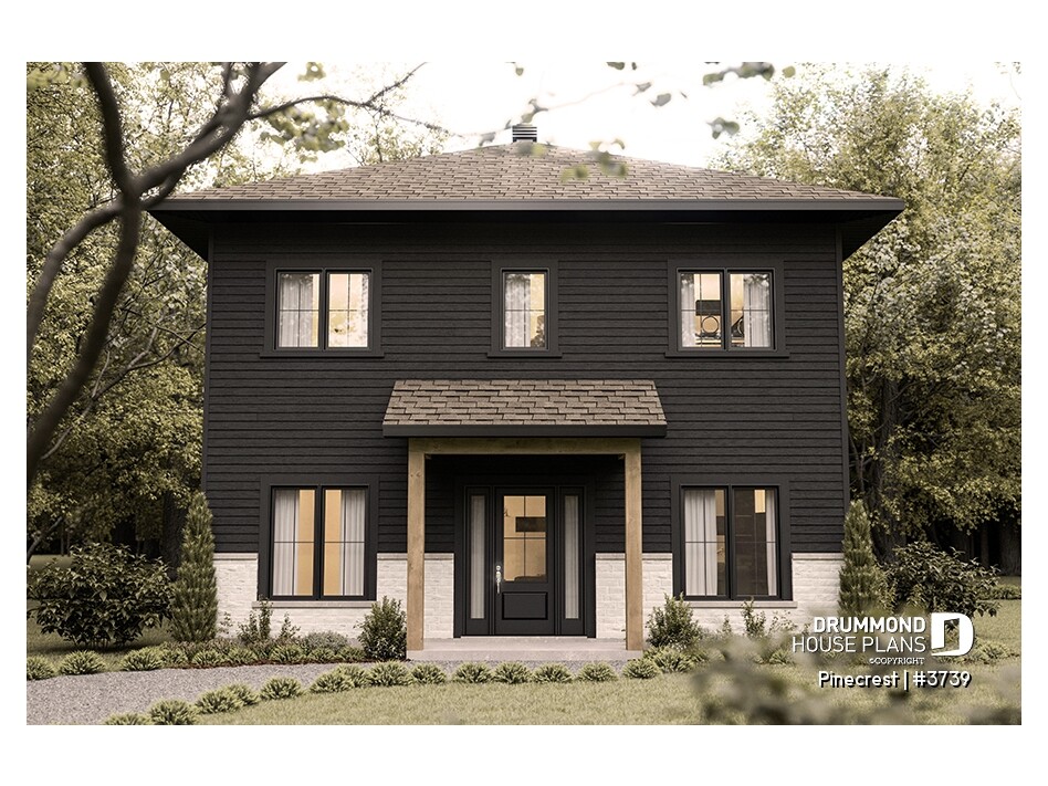 Pinecrest #3739 economical contemporary 2-story house plan with dark exterior and hip roof