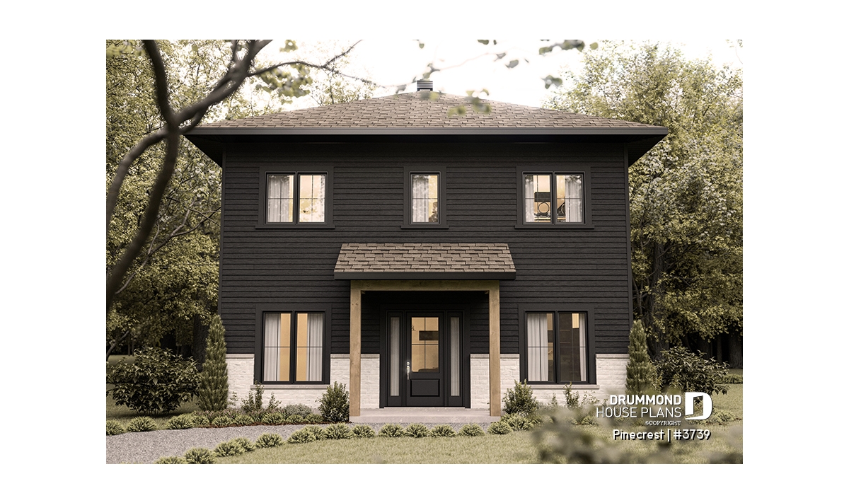 Pinecrest #3739 economical contemporary 2-story house plan with dark exterior and hip roof