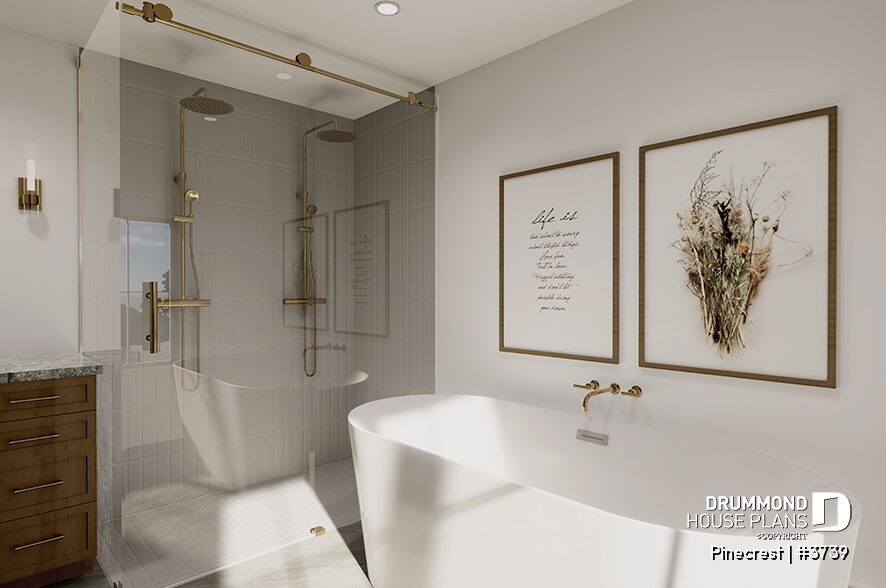 Upstairs bathroom with freestanding tub and glass-enclosed shower in the Pinecrest #3739 house plan
