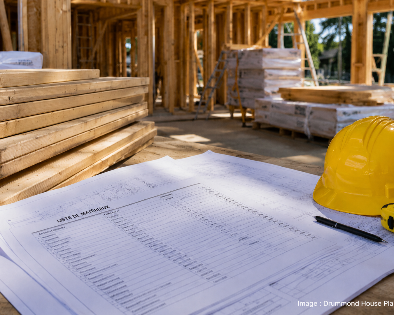 Construction material list displayed on a house plan at an active job site with lumber, safety helmet and framing structure | Drummond House Plans