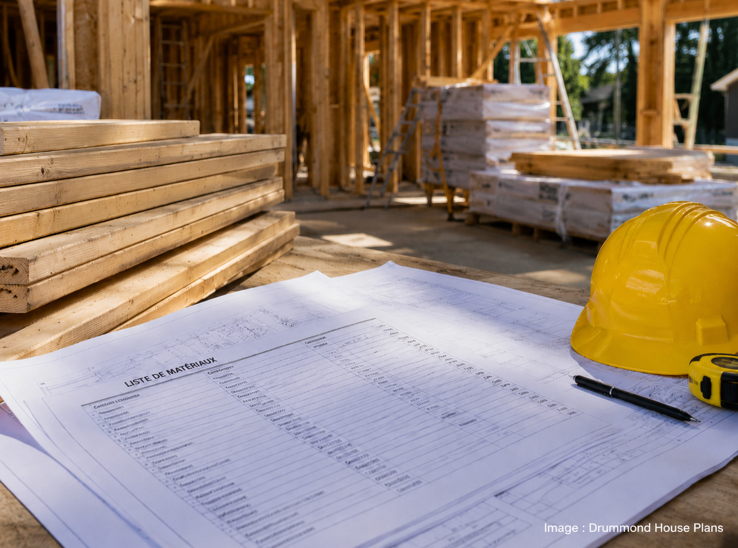 Construction material list displayed on a house plan at an active job site with lumber, safety helmet and framing structure | Drummond House Plans