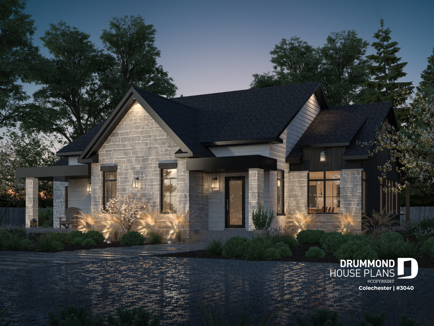 exterior view of the multigenerational houseplan 3040 Colechester by Drummond Housplans Dessins Drummond ranch style house plan