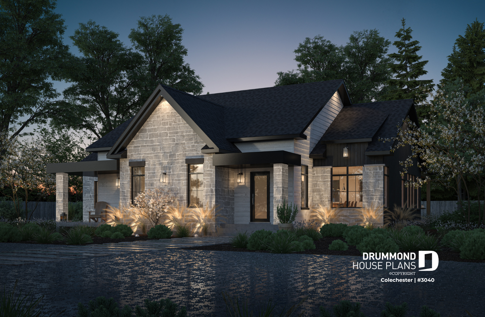 exterior view of the multigenerational houseplan 3040 Colechester by Drummond Housplans Dessins Drummond ranch style house plan