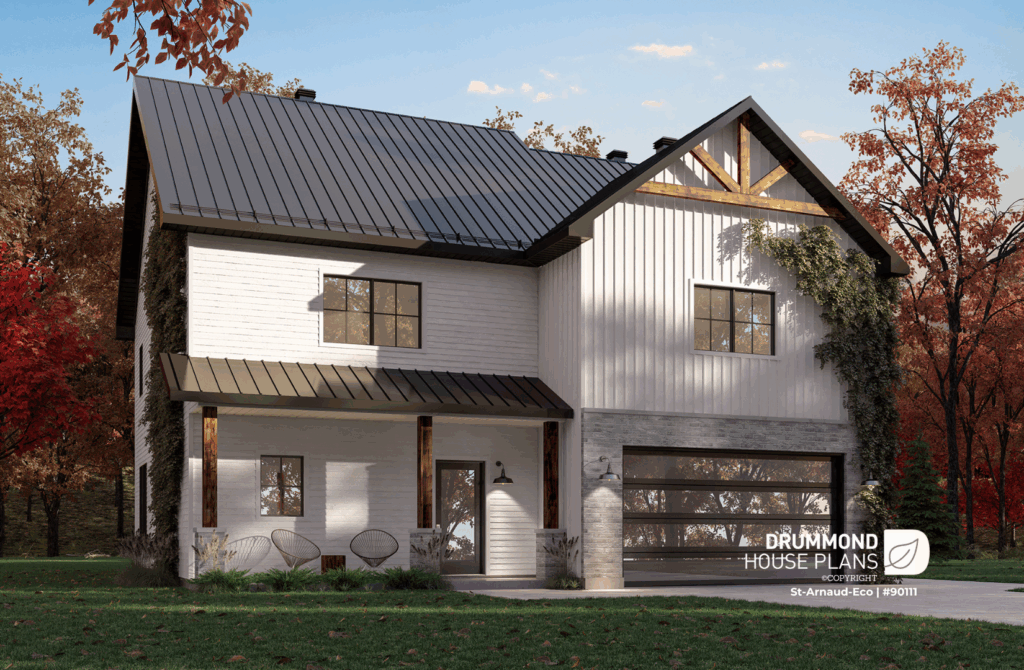 St-Arnaud Eco 90111 eco-friendly farmhouse plan featuring modern architecture, double garage, and energy-efficient design