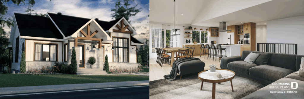Barrington 4 (#3153-V3) modern farmhouse bungalow house plan featuring cathedral ceilings, open-concept living spaces and an optional finished basement. Drummond House Plans' most popular house plan of 2026.