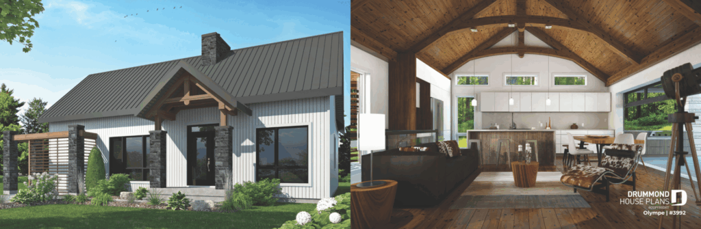 Olympe (#3992) Scandinavian-inspired house plan featuring cathedral ceilings, abundant natural light and seamless indoor-outdoor living. One of Drummond House Plans' most popular home designs of 2026.