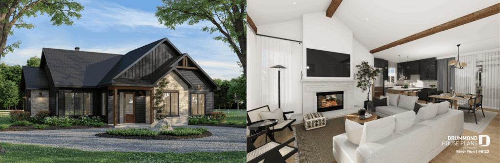 River Run (#6123) transitional bungalow house plan featuring four bedrooms, cathedral ceilings and an open-concept layout. One of Drummond House Plans' most popular home designs of 2026.