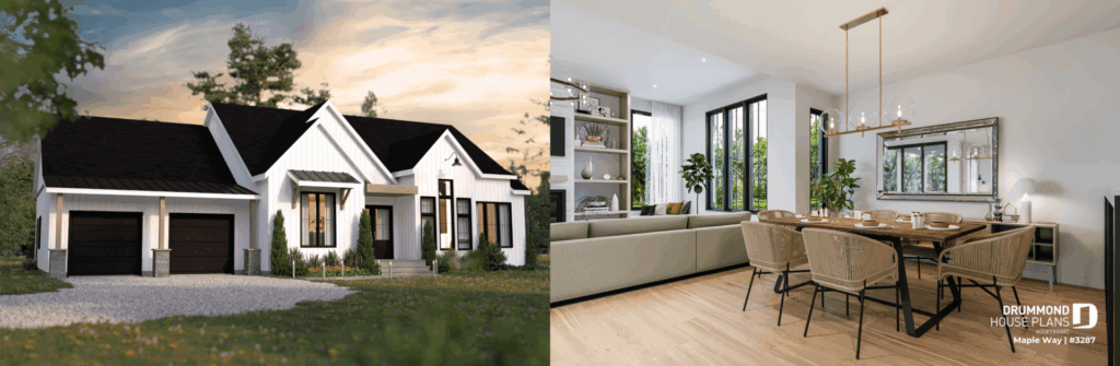 Maple Way (#3287) modern farmhouse bungalow house plan featuring a double garage, covered deck and bright open-concept living spaces. One of Drummond House Plans' most popular house plans of 2026.