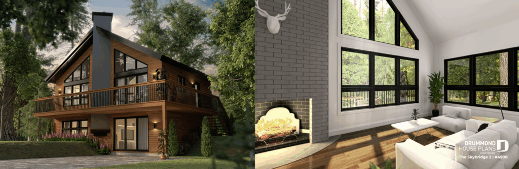 The Skybridge 2 (#4908) walkout basement cottage house plan featuring panoramic windows, a covered terrace and bright open-concept living spaces. One of Drummond House Plans' most popular house plans of 2026.
