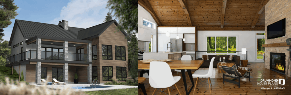 Olympe 4 (#3992-V3) walkout basement cottage house plan featuring cathedral ceilings, a covered terrace and bright living spaces. One of Drummond House Plans' most popular house plans of 2026.