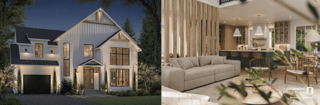Strom 2 (#3896-V1) modern farmhouse house plan featuring cathedral ceilings, open-concept living spaces and an attached garage. One of Drummond House Plans' most popular house plans of 2026.