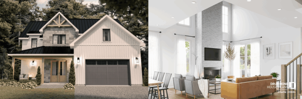 Charlie (#3634) modern farmhouse house plan featuring soaring ceilings, a spacious covered terrace and bright open-concept living areas. One of Drummond House Plans' most popular house plans of 2026.