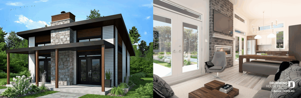 Bonzaï (#1909-BH) modern cottage house plan featuring minimalist architecture, a covered patio and bright open-concept living spaces. One of Drummond House Plans' most popular house plans of 2026.