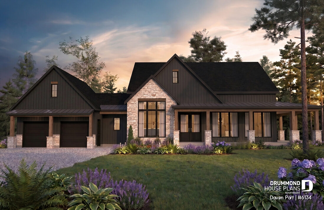 Daven Port (#6134) modern farmhouse house plan featuring a striking dark exterior, natural stone accents and timeless architecture inspired by one of 2026's biggest home design trends.